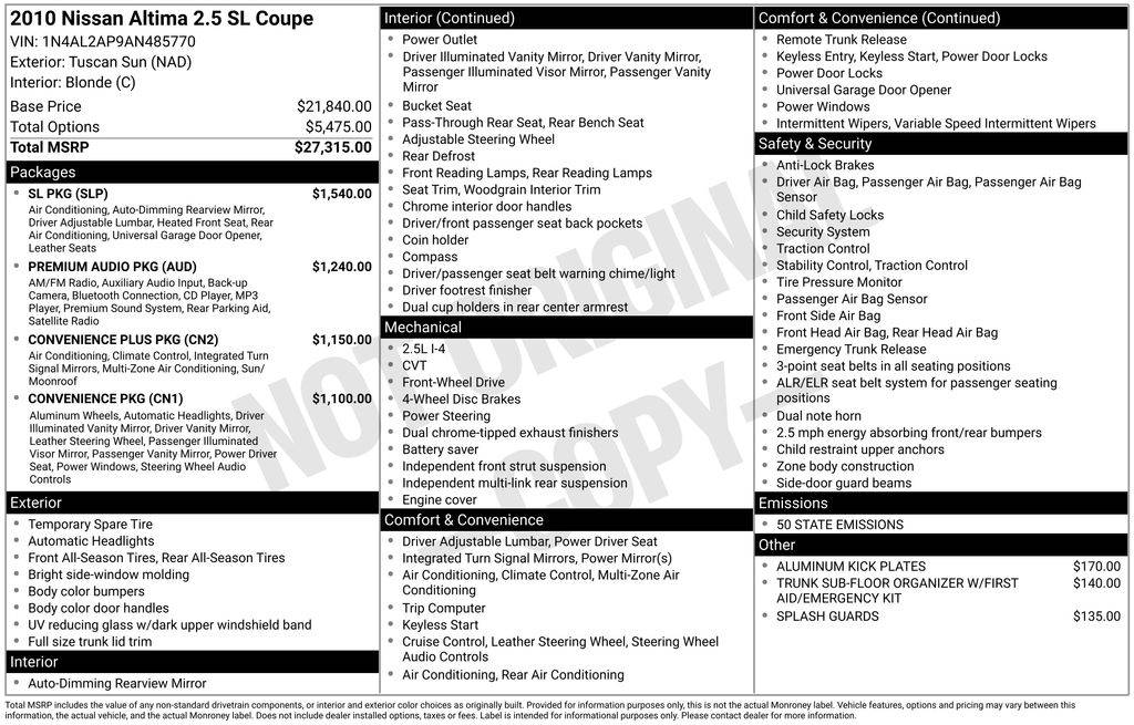 2010 Nissan Altima 2.5 SL — Sedan — 240,865 mi — Daphne, AL