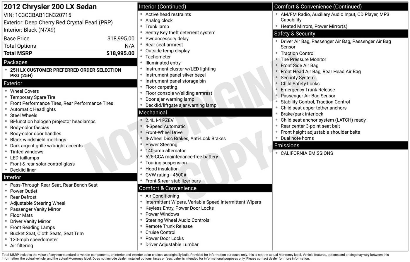 2012 Chrysler 200 LX — Sedan — 113,717 mi — Eatontown, NJ
