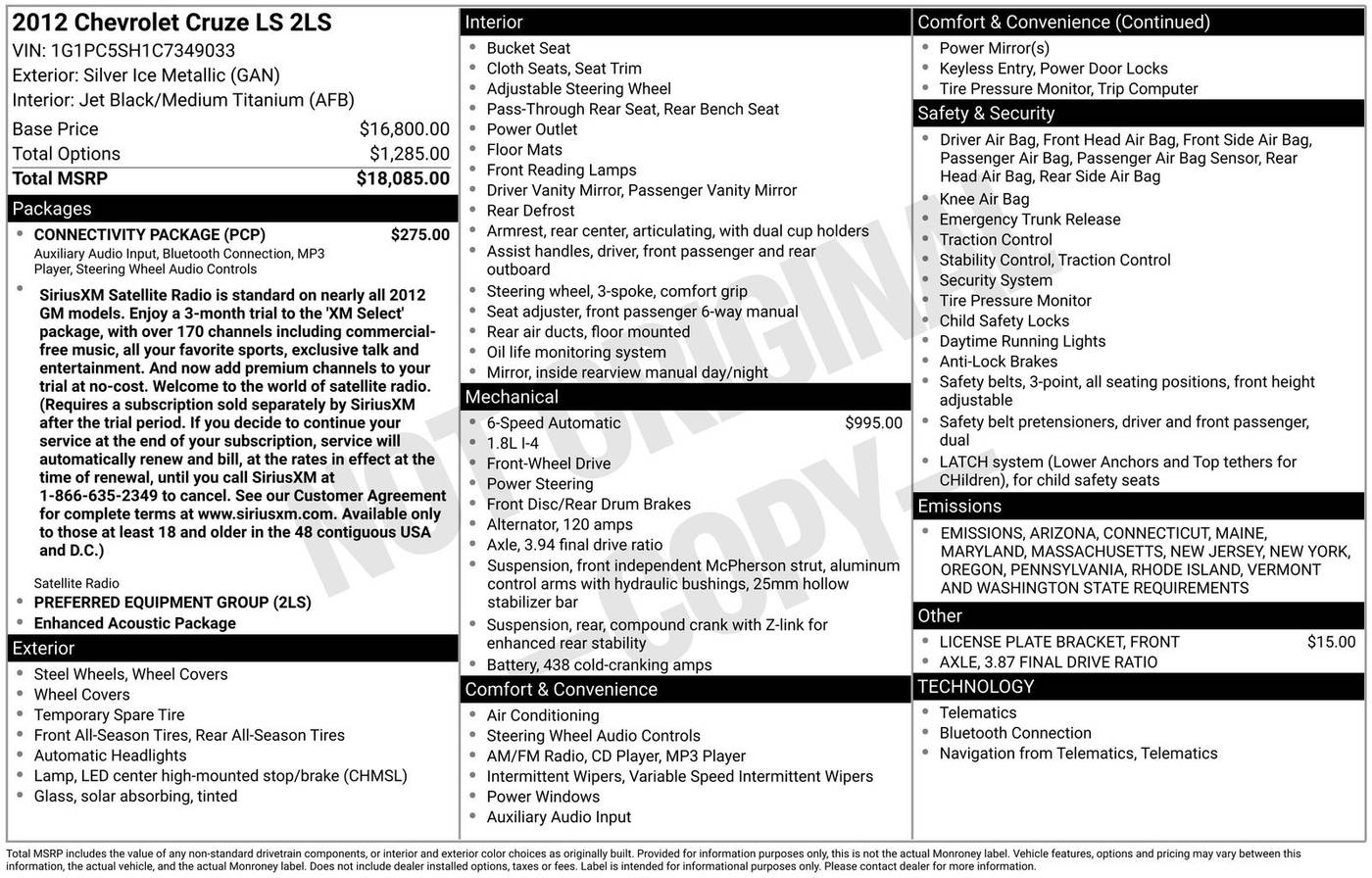 2012 Chevrolet Cruze LS — Sedan — 180,000 mi — Eatontown, NJ