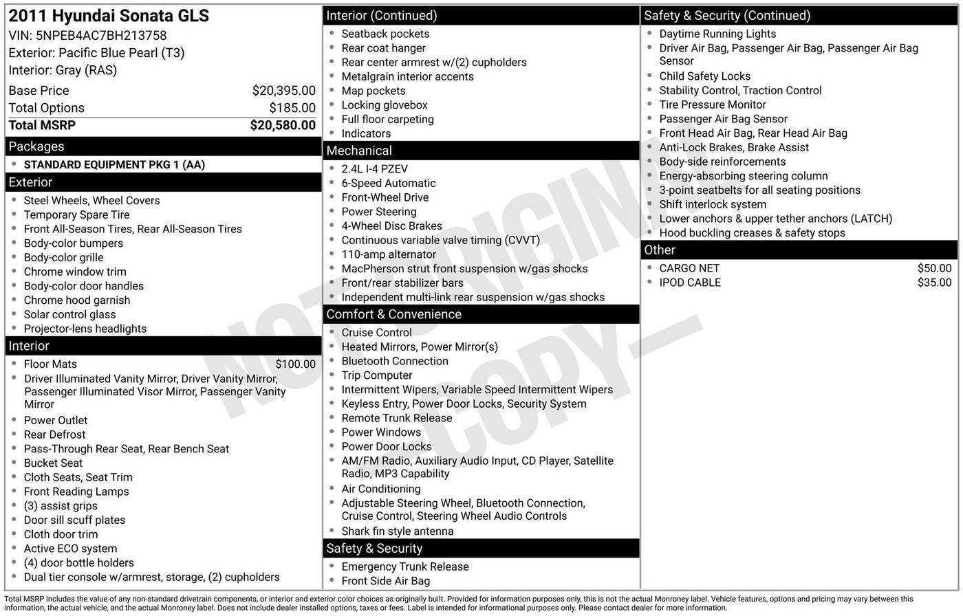 2011 Hyundai Sonata GLS — Sedan — 180,962 mi — Eatontown, NJ