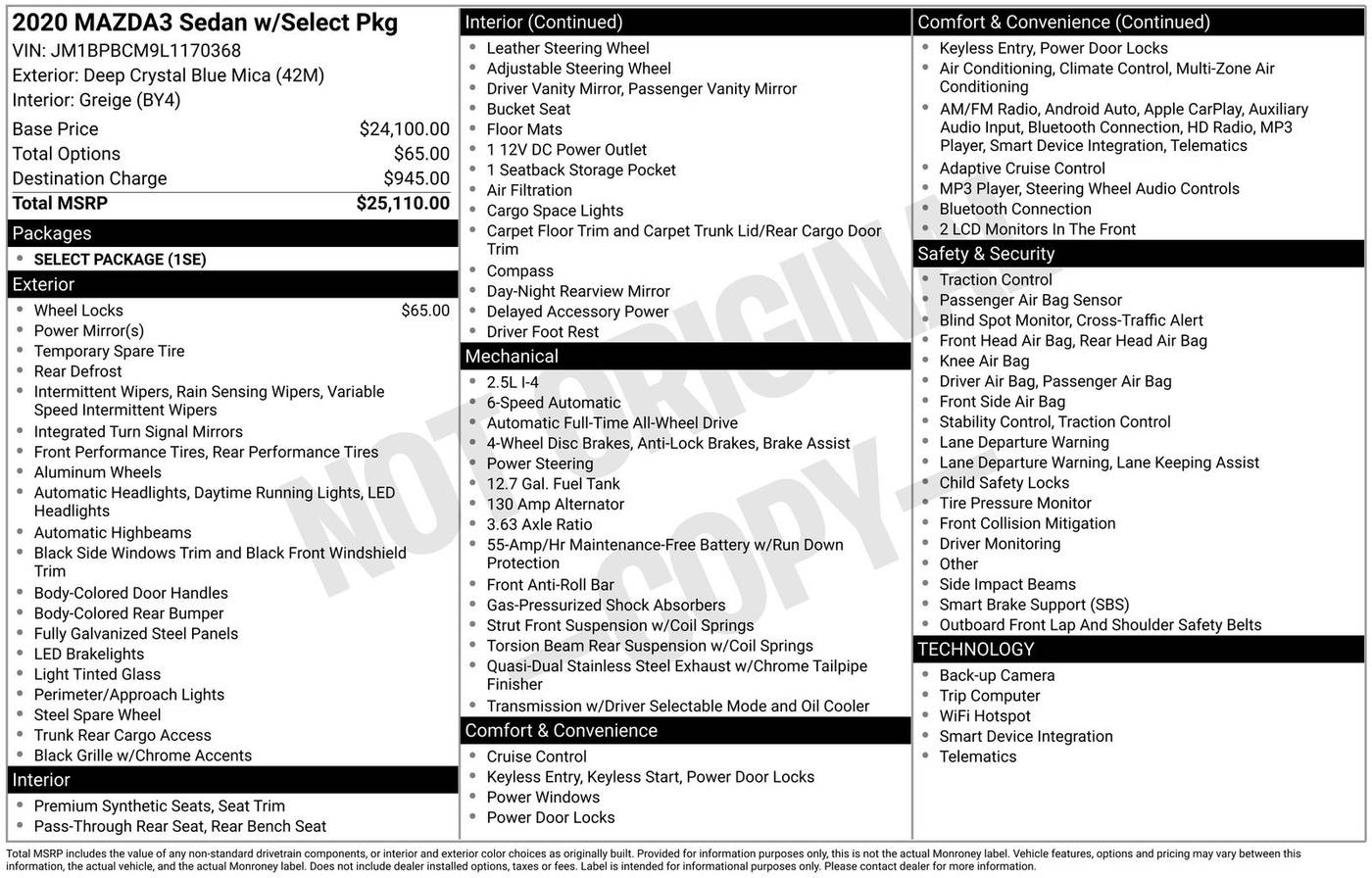 2020 Mazda Mazda3 Select — Sedan — 46,428 mi — Eatontown, NJ
