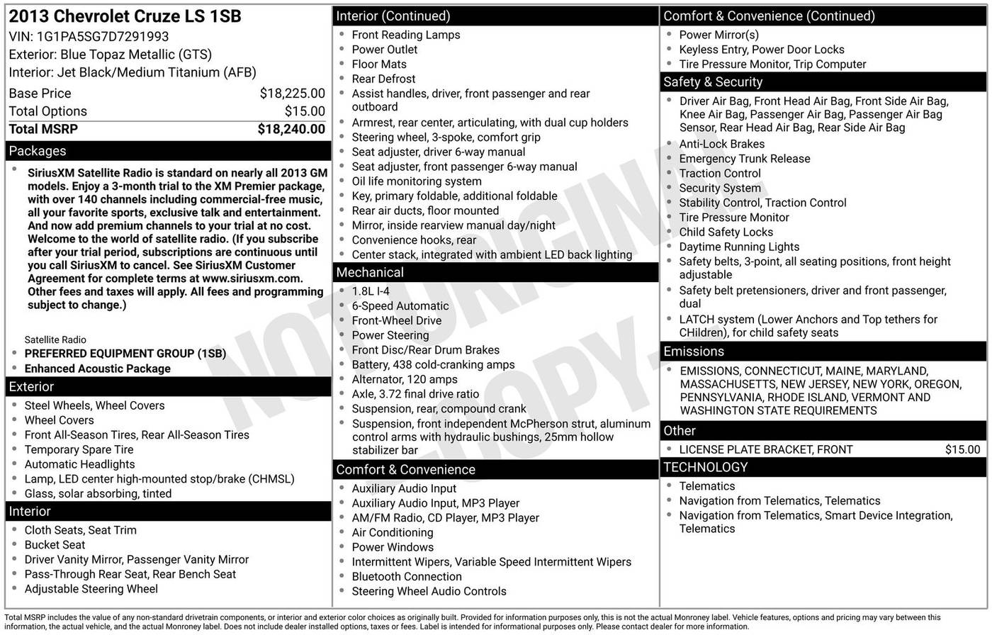 2013 Chevrolet Cruze LS — Sedan — 98,613 mi — Eatontown, NJ
