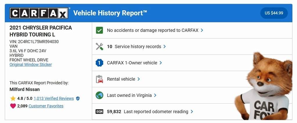2021 Chrysler Pacifica Hybrid Touring L — Minivan — 61,135 mi — Milford, MA