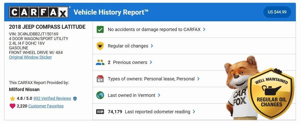 2018 Jeep Compass Latitude — SUV — 74,666 mi — Milford, MA