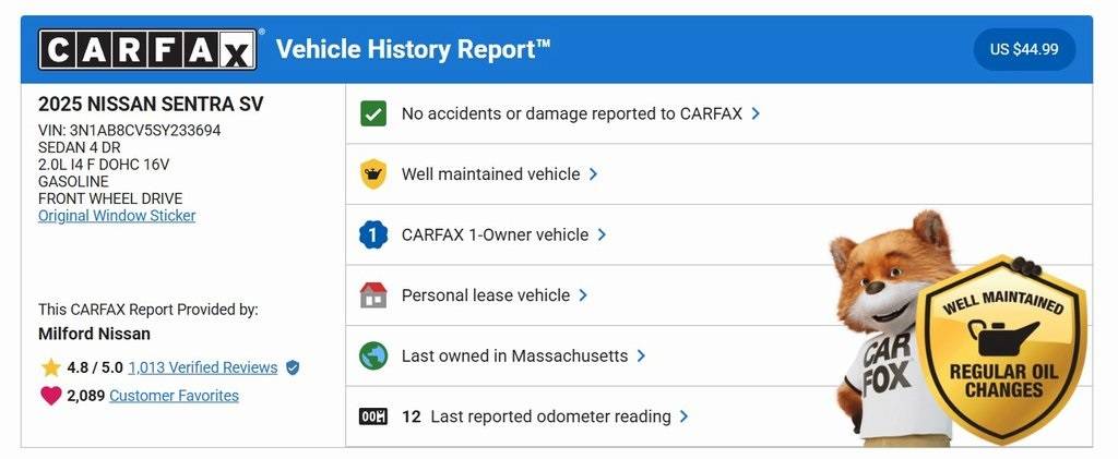 2025 Nissan Sentra SV — Sedan — 1,792 mi — Milford, MA