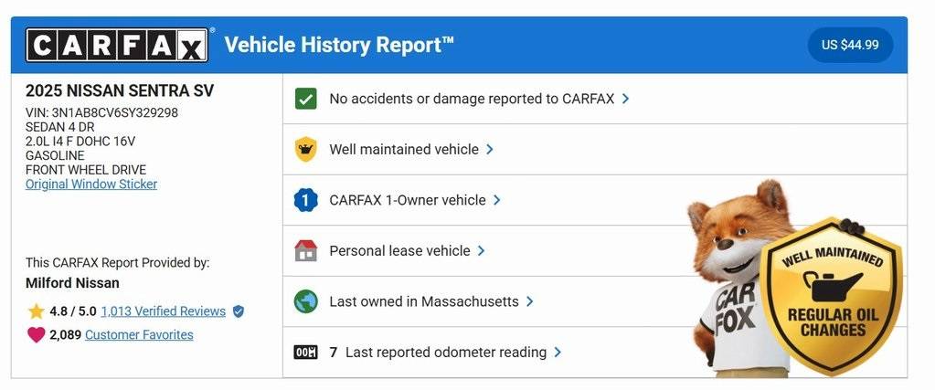 2025 Nissan Sentra SV — Sedan — 1,830 mi — Milford, MA