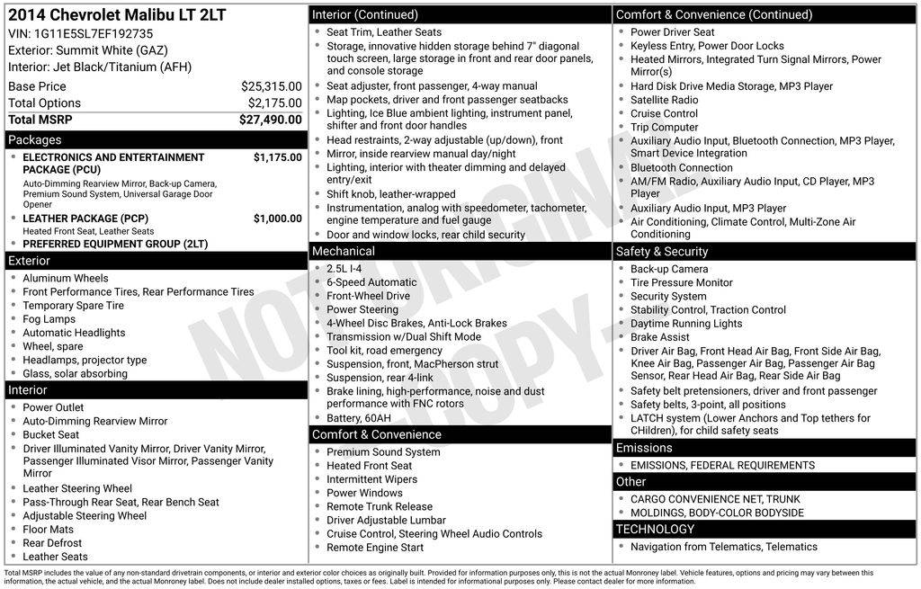 2014 Chevrolet Malibu LT — Sedan — 79,438 mi — Clermont, FL