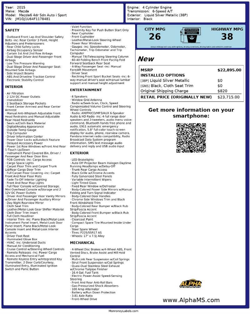 2015 Mazda Mazda6 i Sport — Sedan — 122,383 mi — Fredricksburg, VA