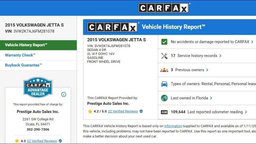 2015 Volkswagen Jetta S — Sedan — 109,644 mi — Ocala, FL