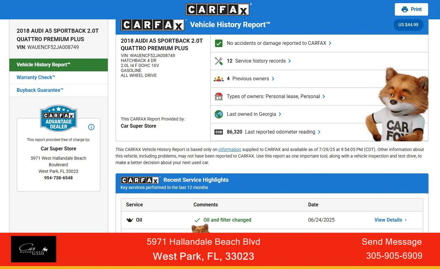 2018 Audi A5 Premium Plus — Hatchback — 86,323 mi — West Park, FL