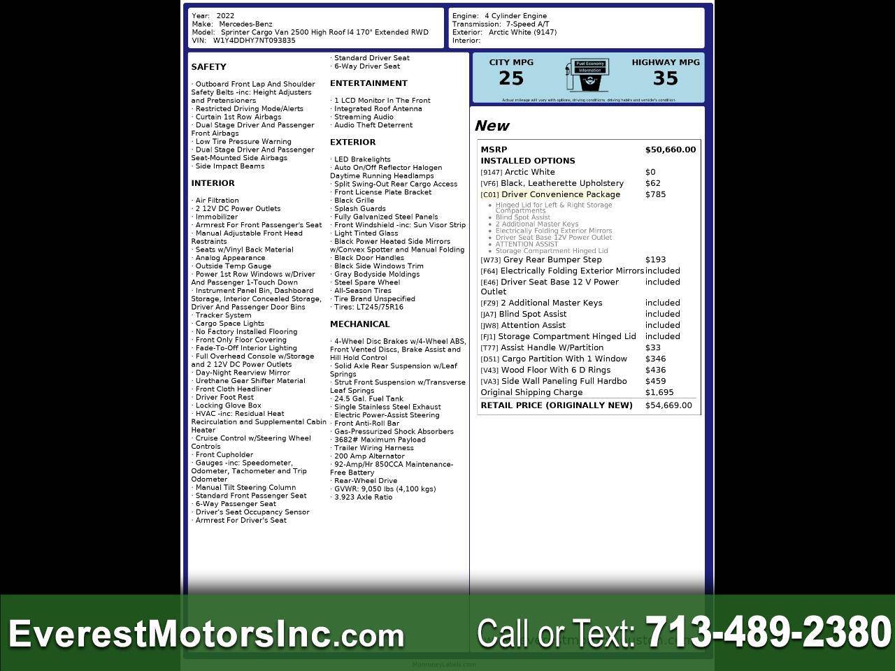 2022 Mercedes-Benz Sprinter Cargo Van 2500 — Cargo Van — 63,532 mi — Houston, TX