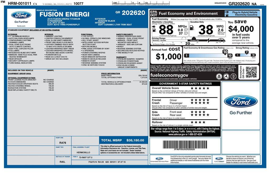 2016 Ford Fusion Energi Titanium — Sedan — 100,147 mi — Santa Clara, CA