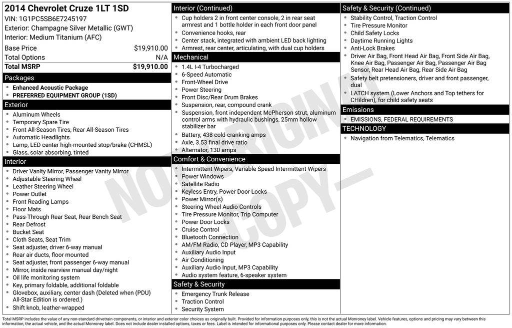 2014 Chevrolet Cruze 1LT — Sedan — 137,119 mi — Santa Clara, CA