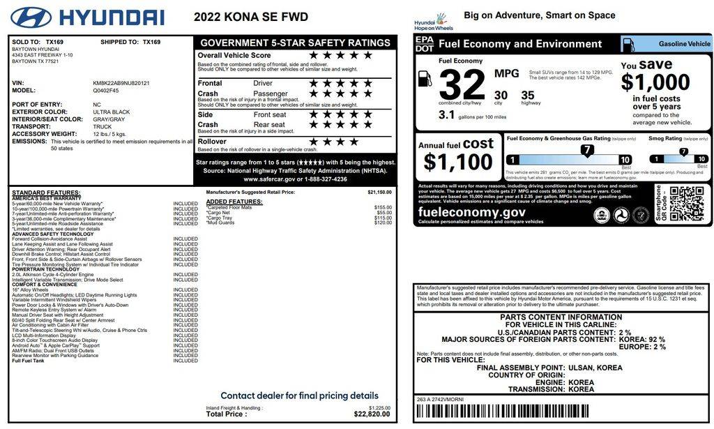 2022 Hyundai Kona SE — SUV — 57,583 mi — BAYTOWN, TX