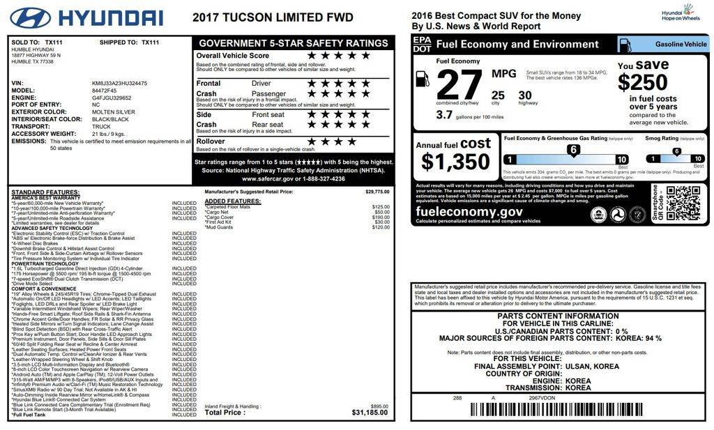 2017 Hyundai Tucson Limited — SUV — 69,038 mi — BAYTOWN, TX