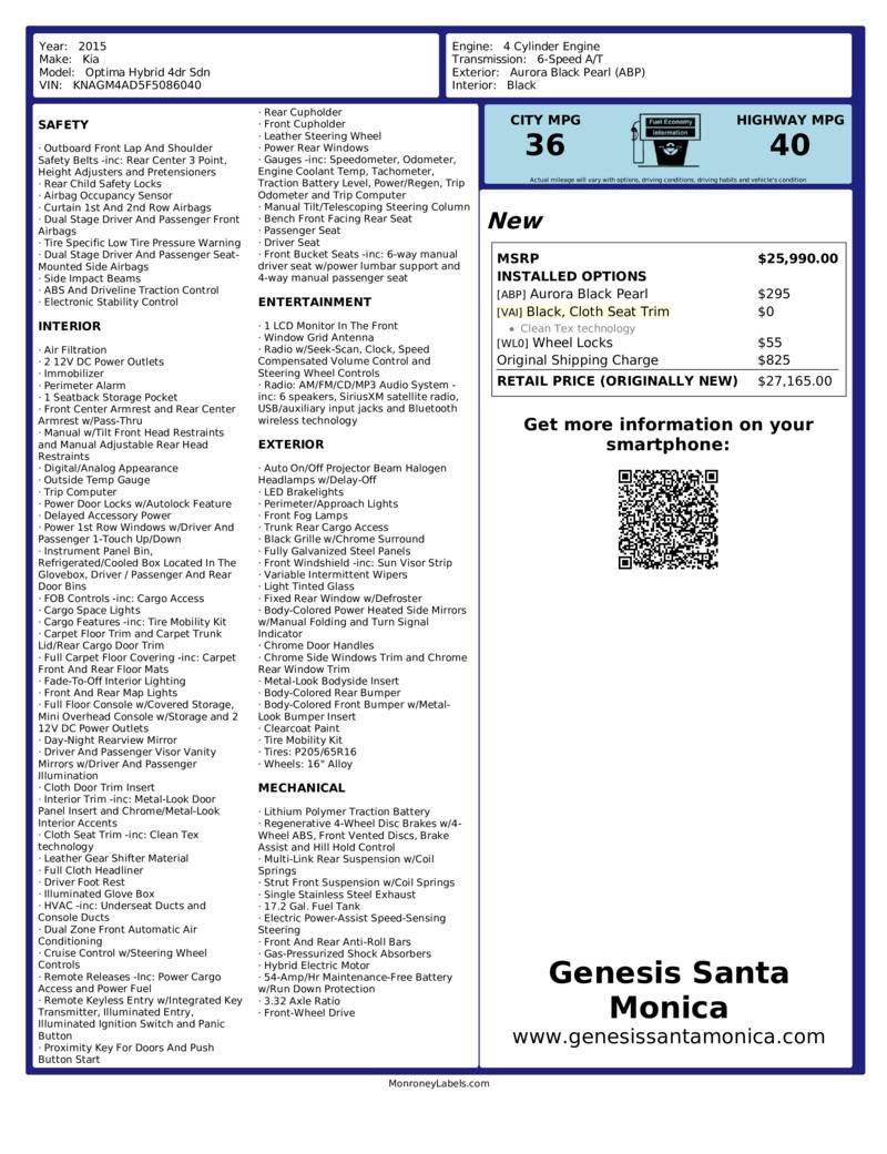 2015 Kia Optima Hybrid Base — Sedan — 70,905 mi — Santa Monica, CA