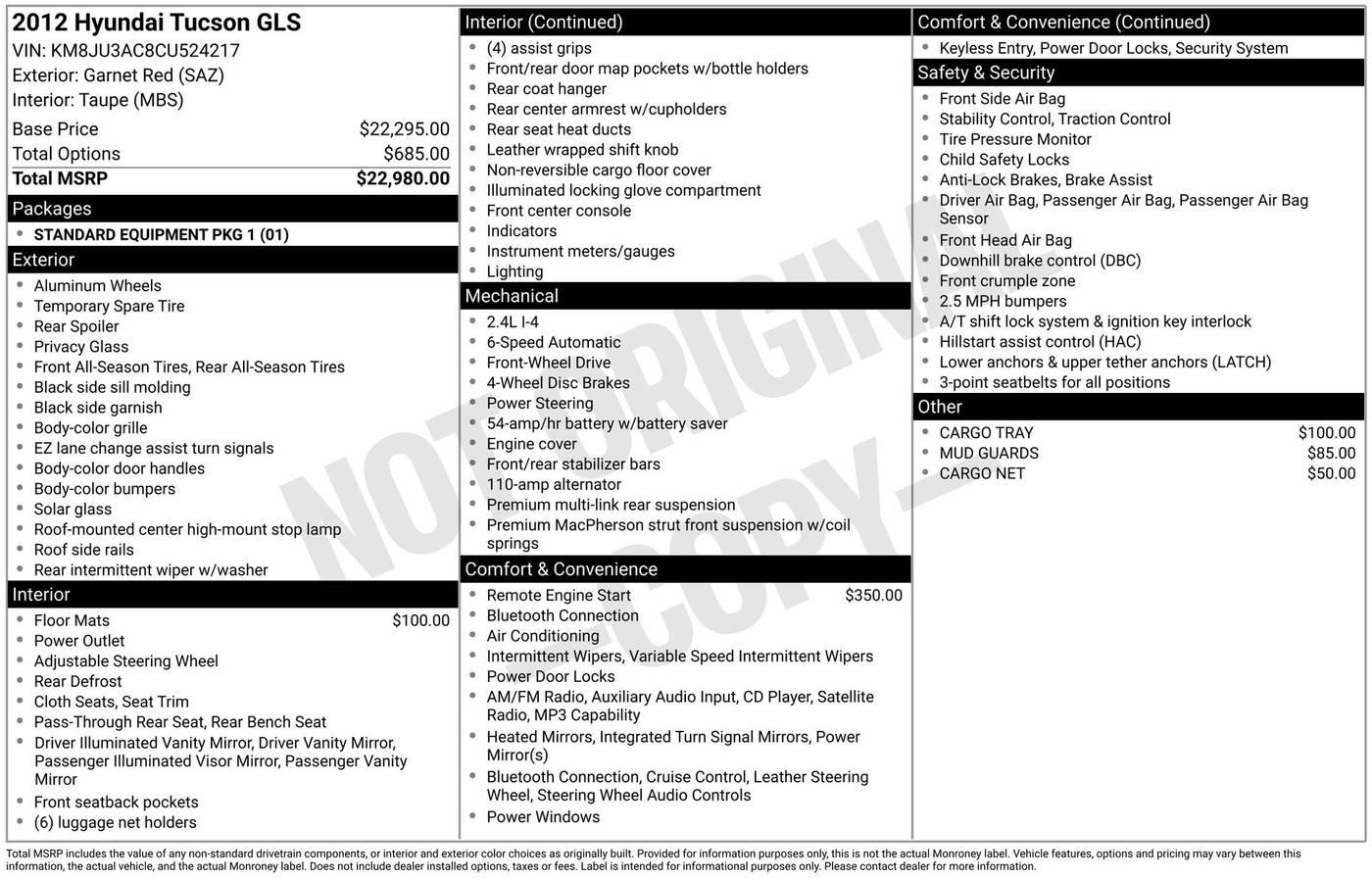 2012 Hyundai Tucson GLS — SUV — 124,862 mi — Chesterton, IN