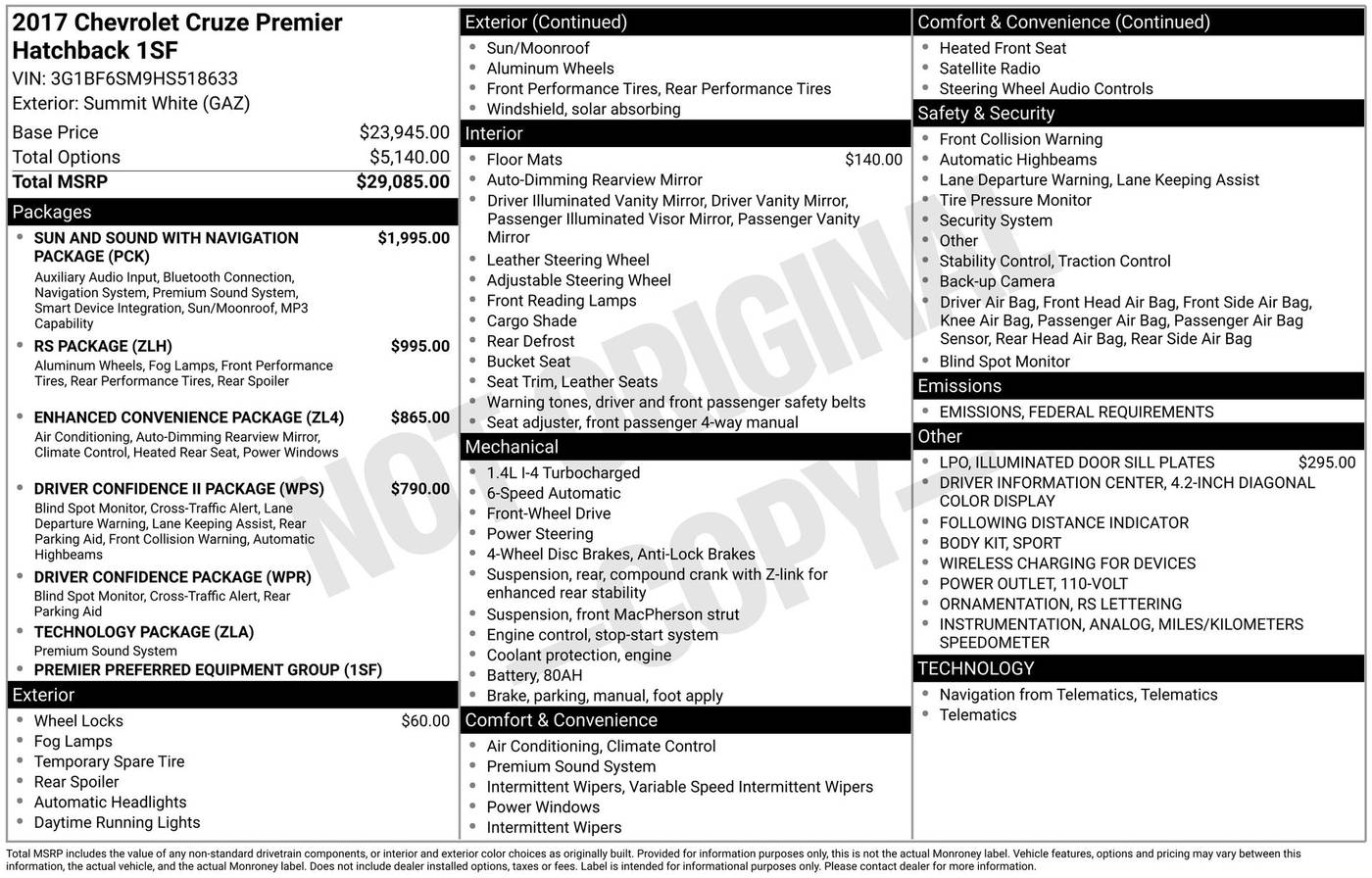 2017 Chevrolet Cruze Premier — Hatchback — 87,865 mi — Chesterton, IN