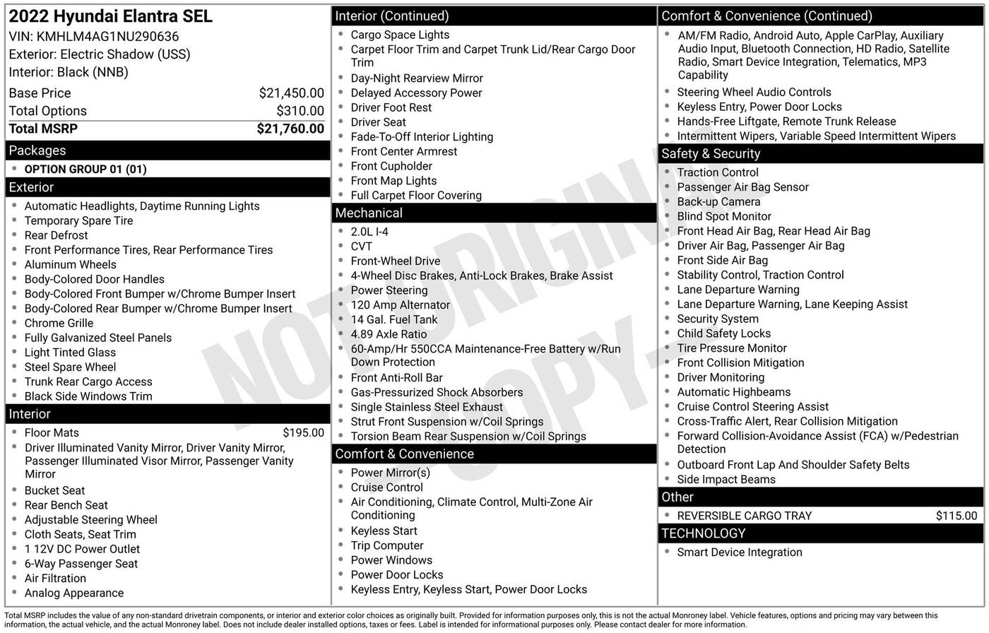 2022 Hyundai Elantra SEL — Sedan — 65,101 mi — Chesterton, IN