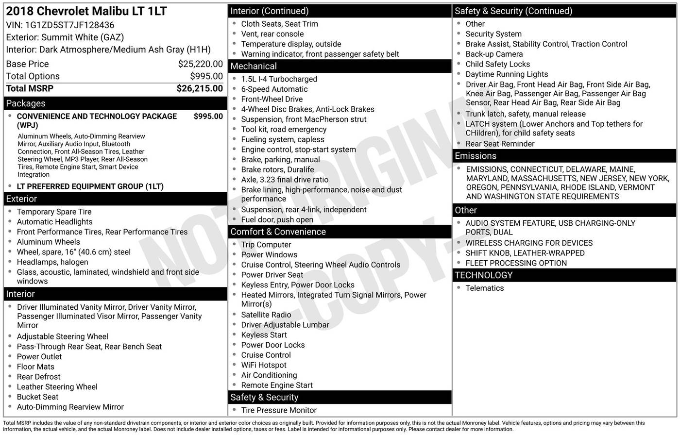 2018 Chevrolet Malibu LT — Sedan — 155,157 mi — Chesterton, IN