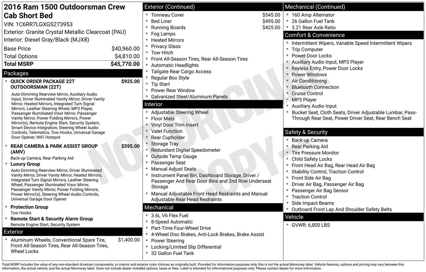 2016 Ram 1500 Outdoorsman — Pickup Truck — 121,076 mi — Chesterton, IN