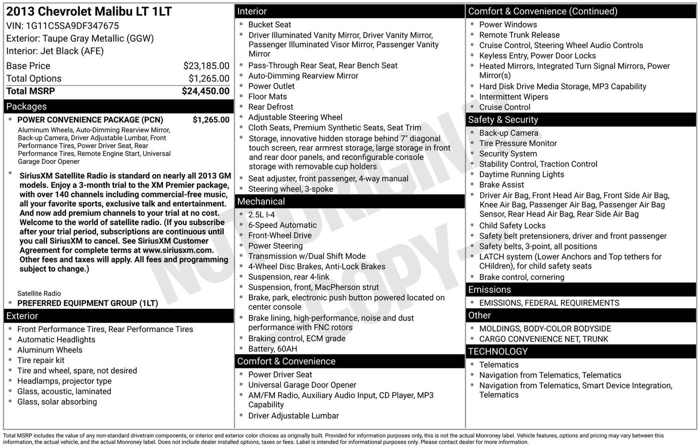 2013 Chevrolet Malibu LT — Sedan — 103,590 mi — Chesterton, IN
