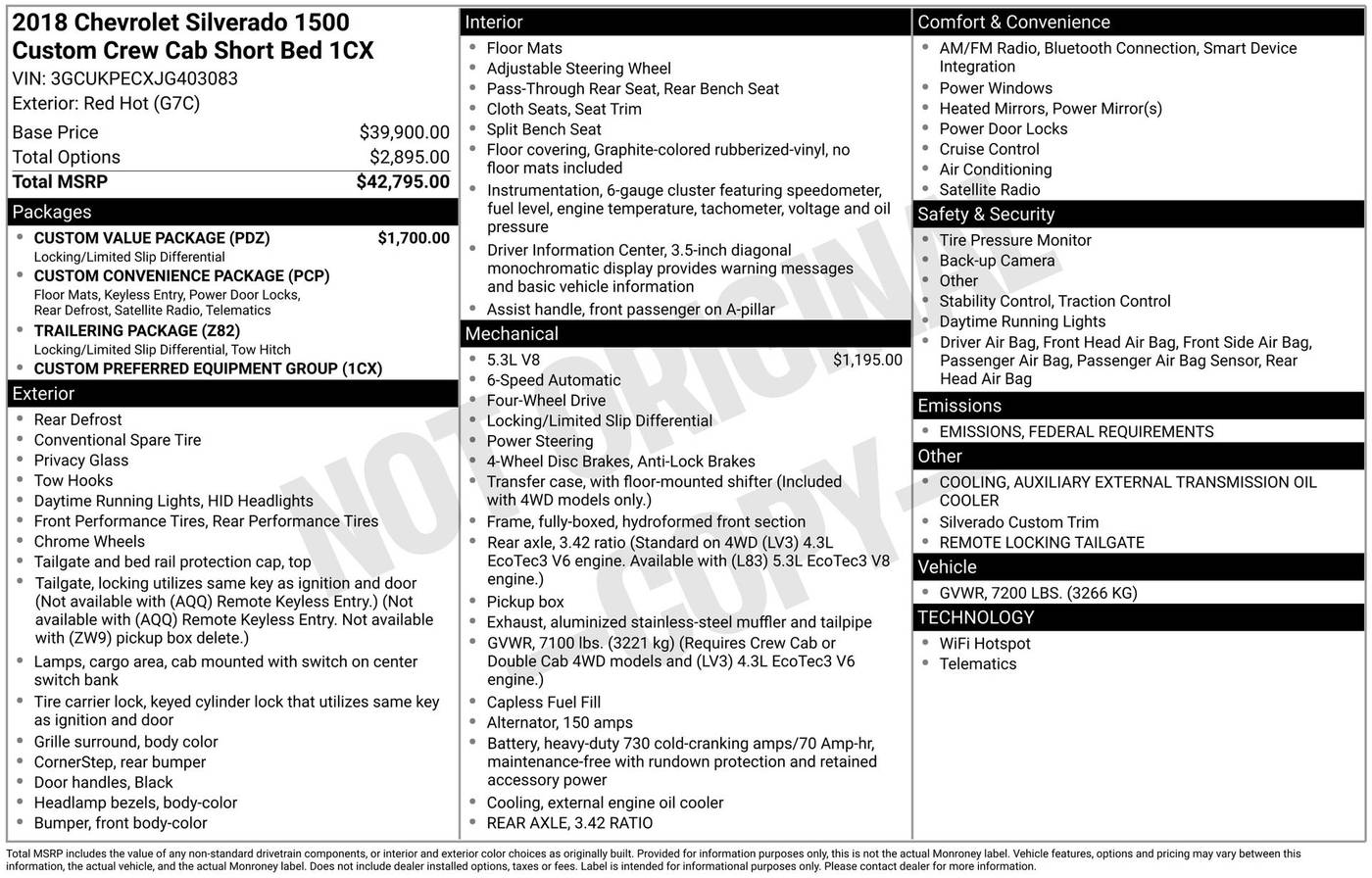 2018 Chevrolet Silverado 1500 Custom — Pickup Truck — 133,773 mi — Chesterton, IN