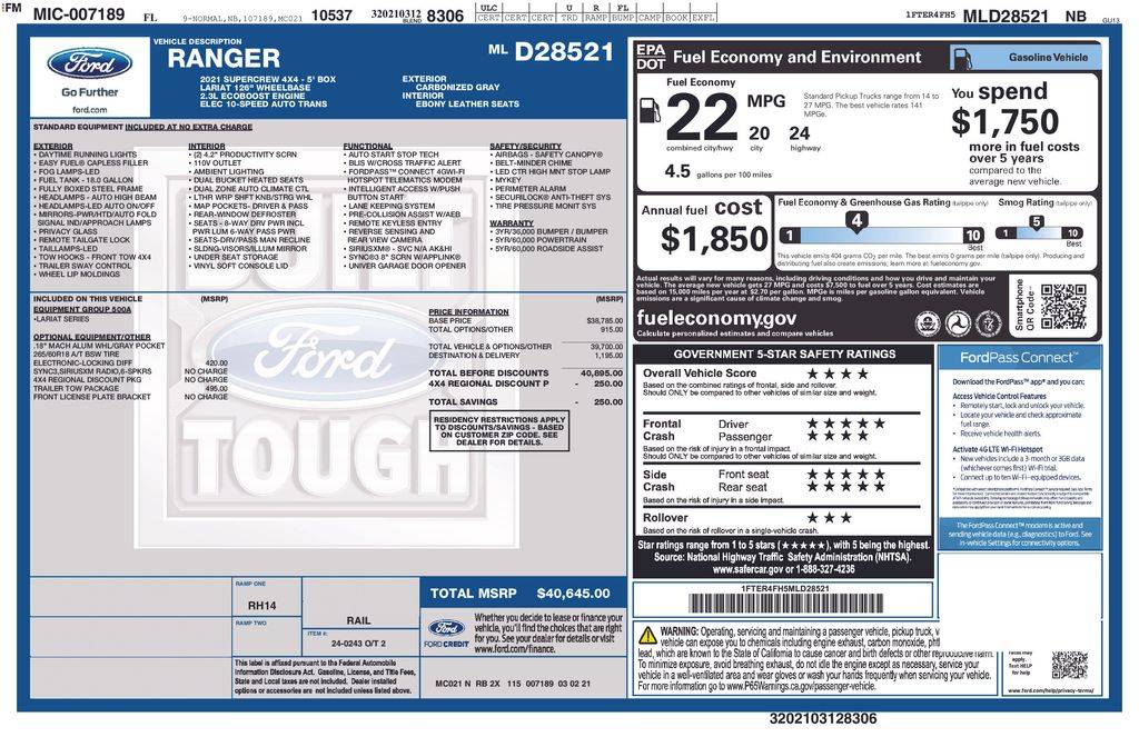 2021 Ford Ranger Lariat — Pickup Truck — 41,016 mi — APOPKA, FL