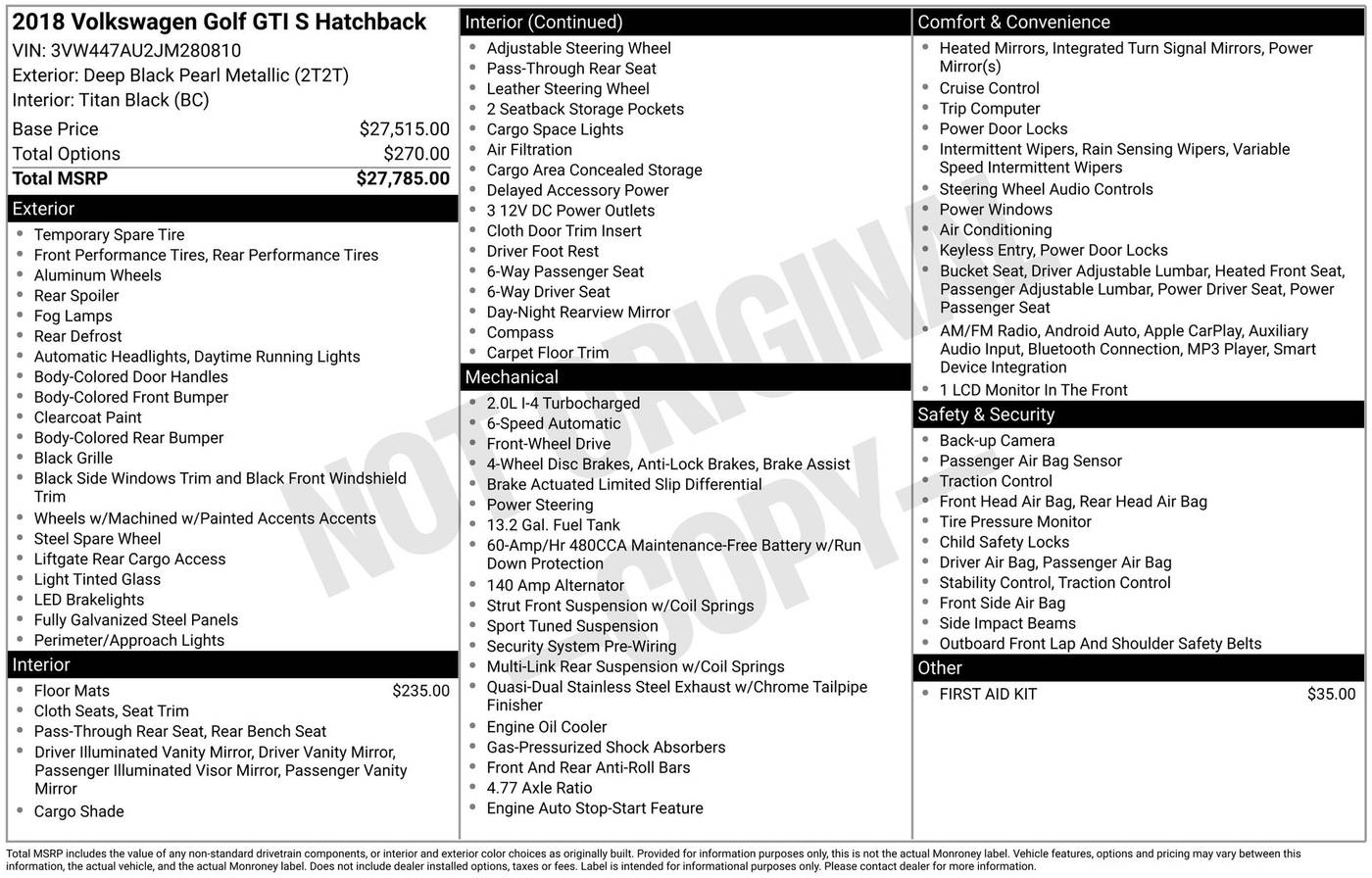 2018 Volkswagen Golf GTI S — Hatchback — 87,309 mi — Schaumburg, IL