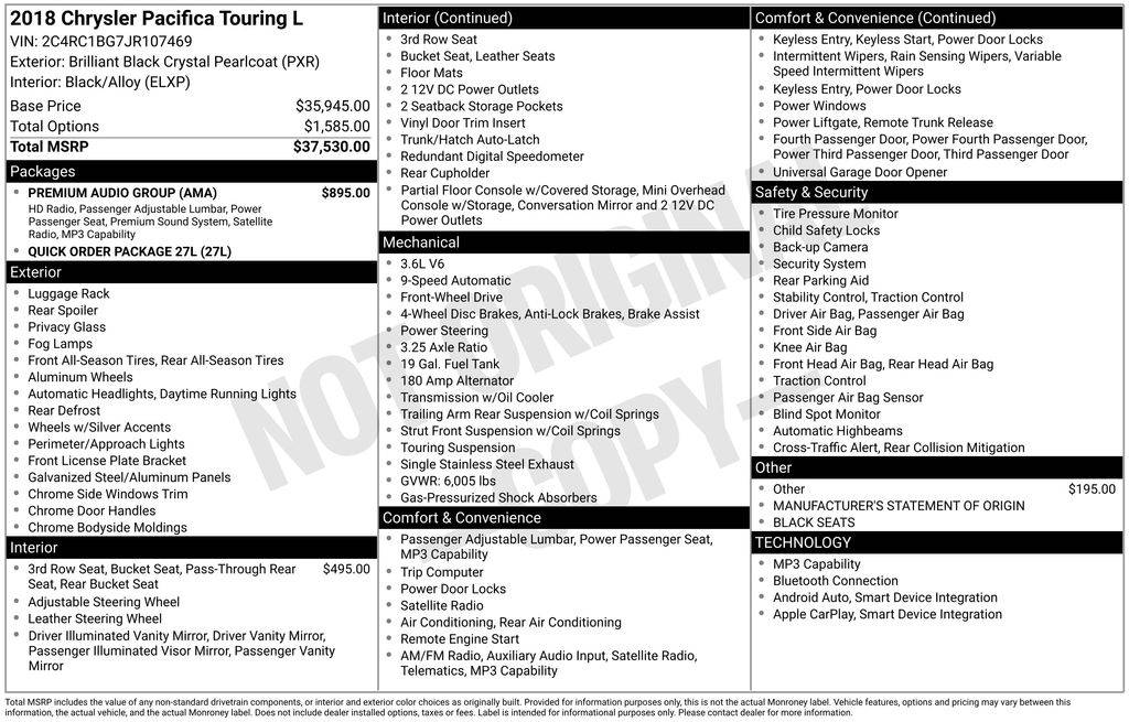 2018 Chrysler Pacifica Touring L — Minivan — 88,636 mi — Lake Elsinore, CA