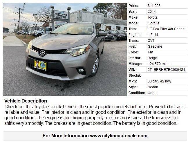 2014 Toyota Corolla LE Eco Plus — Sedan — 124,570 mi — Norfolk, VA