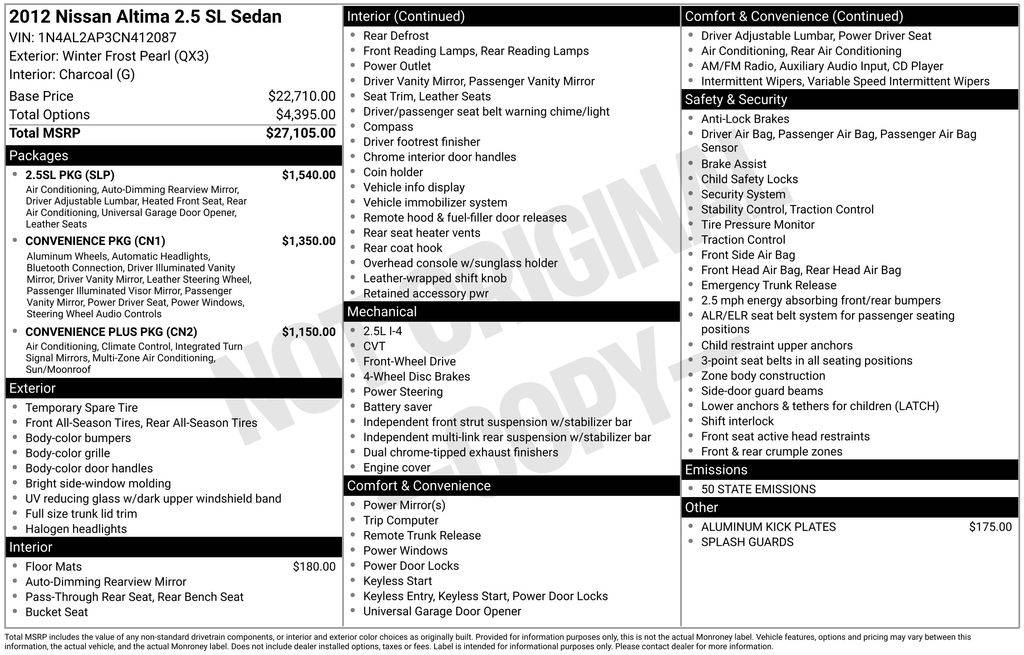 2012 Nissan Altima 2.5 SL — Sedan — 184,230 mi — Jennings, LA