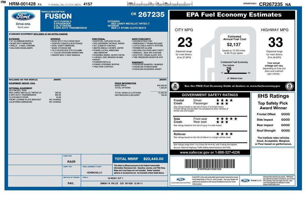 2012 Ford Fusion S — Sedan — 126,147 mi — Wilmington, DE