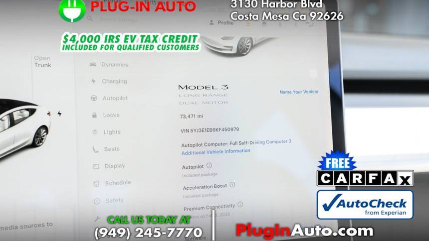 2019 Tesla Model 3 Long Range — Sedan — 73,463 mi — Costa Mesa, CA