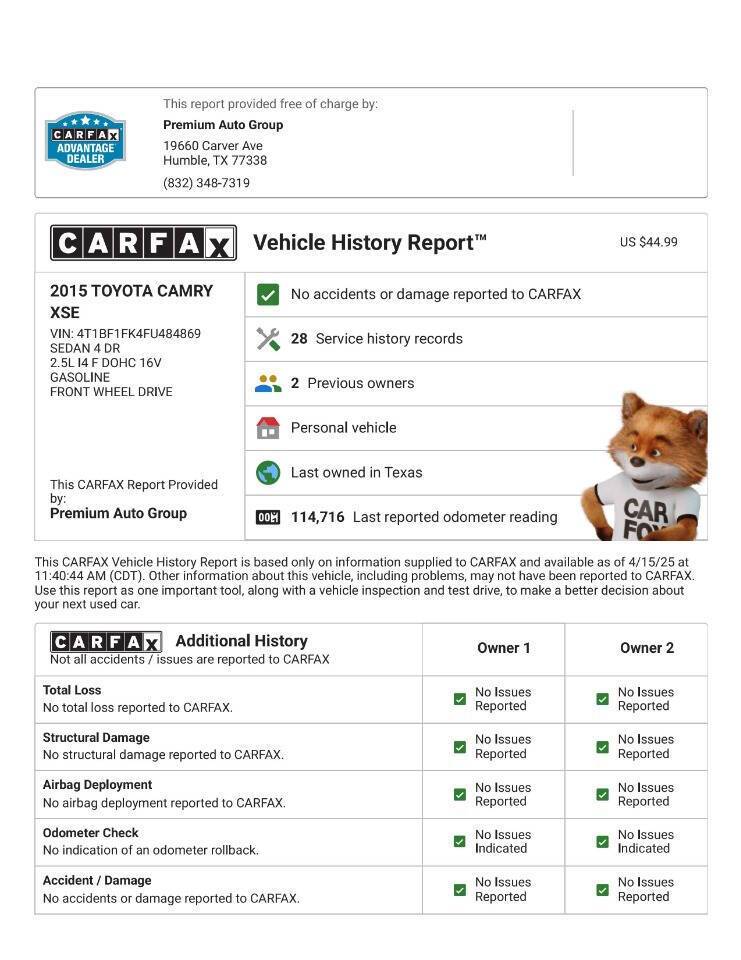 2015 Toyota Camry XLE — Sedan — 135,040 mi — Humble, TX
