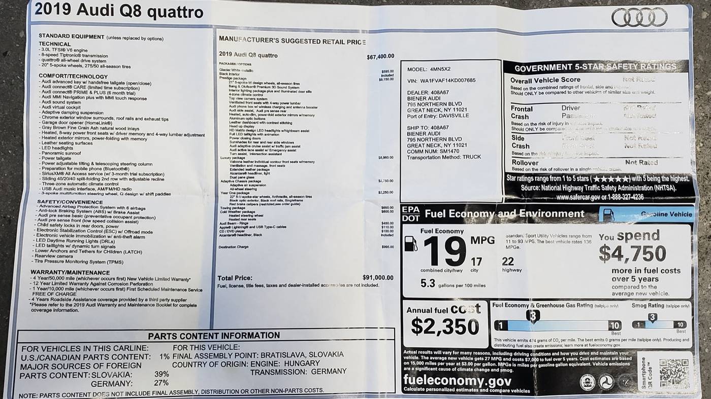 2019 Audi Q8 Prestige — SUV — 67,921 mi — Charlotte, NC