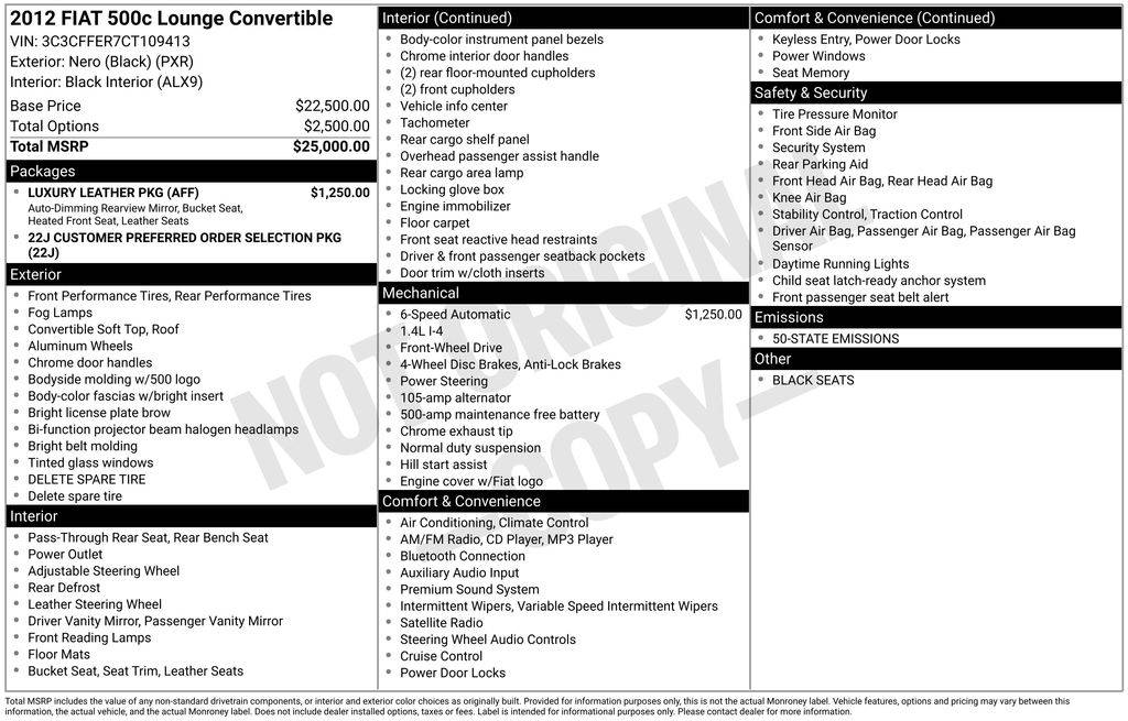 2012 FIAT 500 Lounge — Convertible — 59,826 mi — Akron, OH